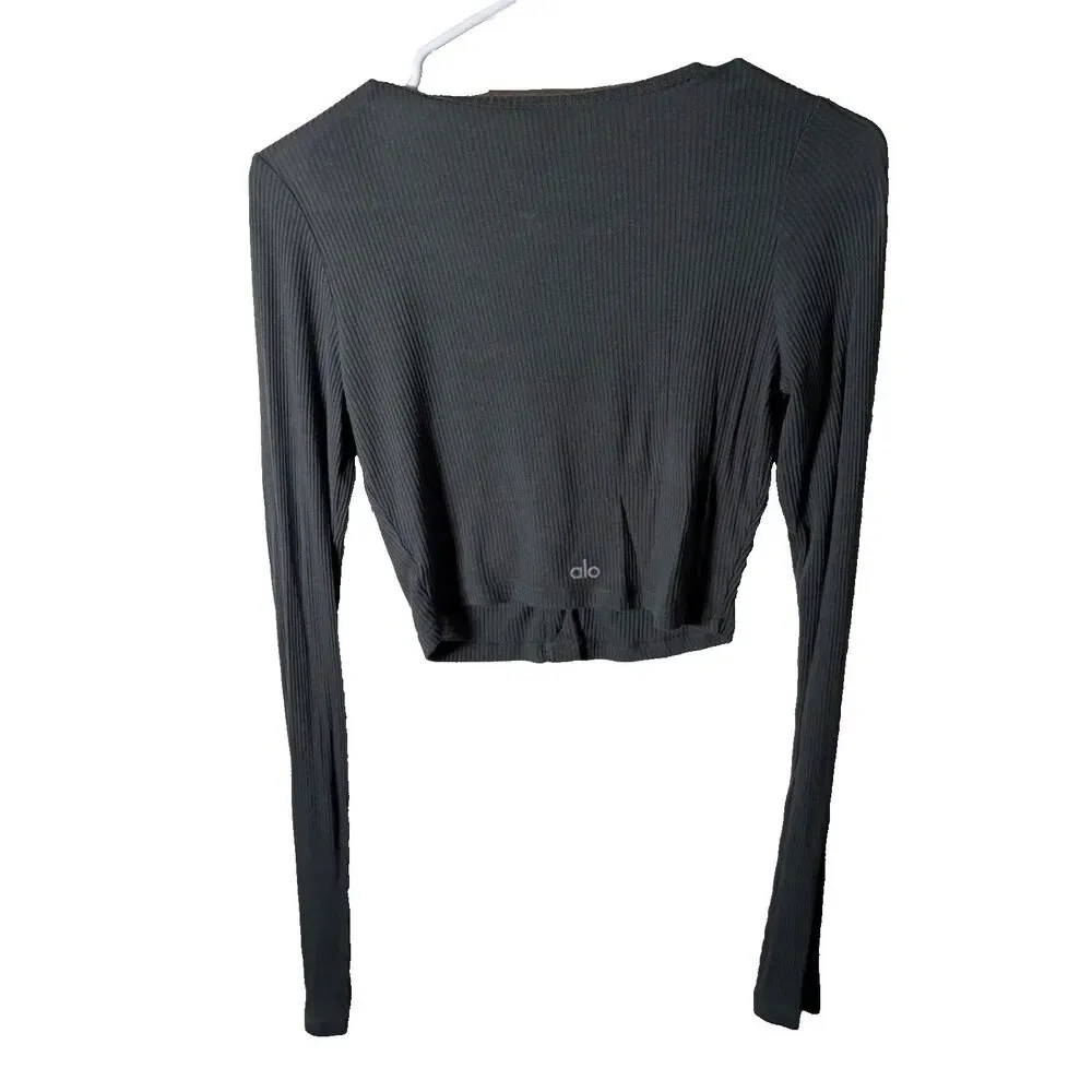 Alo Yoga T-Shirt Women's Small Green Ribbed Long Sleeve Cardigan Button Top